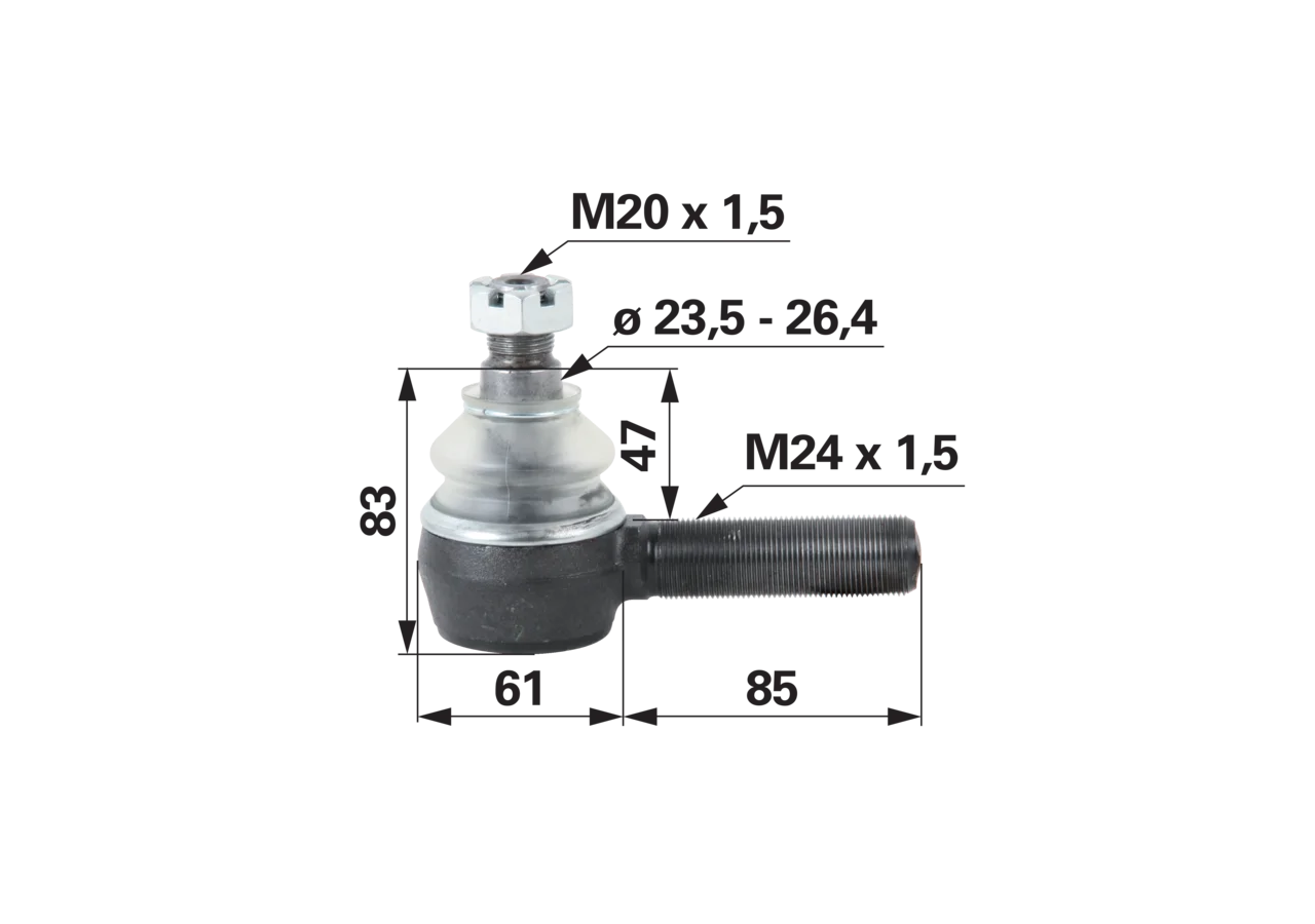 Kugelgelenk M24 x 1,5 R M20 x 1,5 Konus 23,5–26,4 mm Länge 146 mm