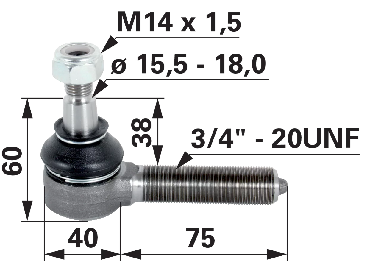 Kugelgelenk 3/4 Zoll UNF David Brown K262853, Länge 115 mm, Konus 15,5–18,0 mm