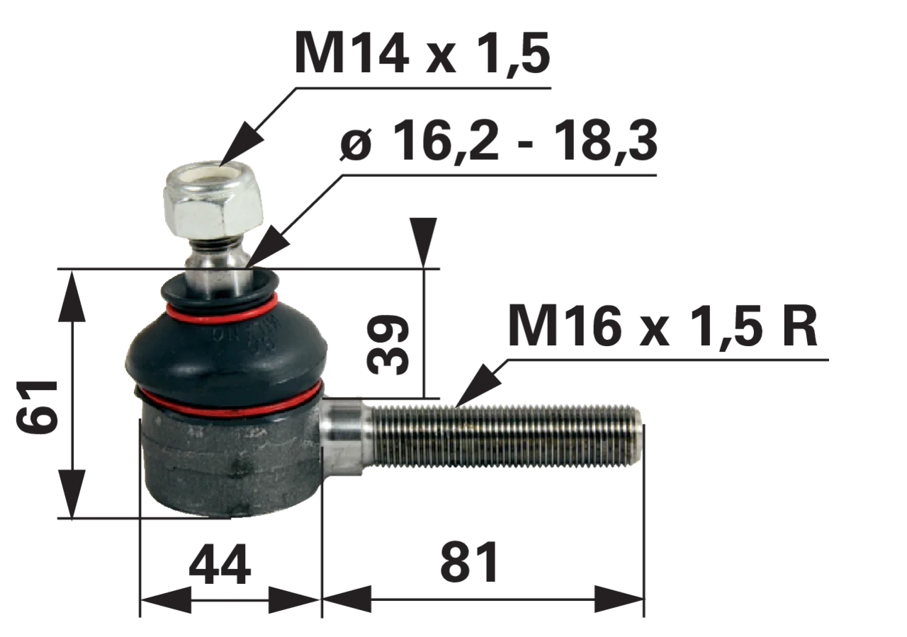 Kugelgelenk M16 x 1,5 R M14 x 1,5, Konus 16,2–18,3 mm, Länge 125 mm