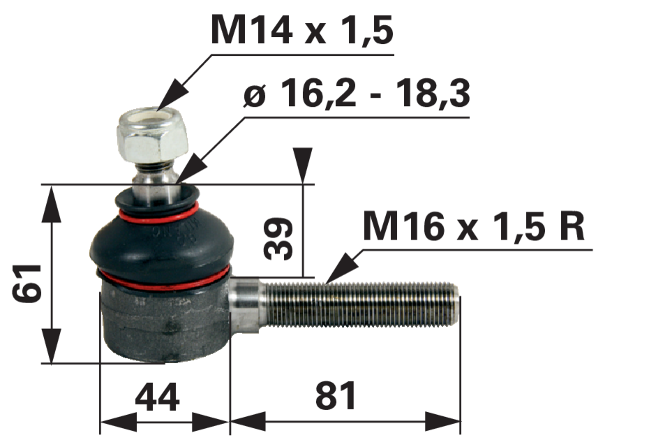 Kugelgelenk M16 x 1,5 R M14 x 1,5 – Detailansicht der Außengewinde G1 und G2