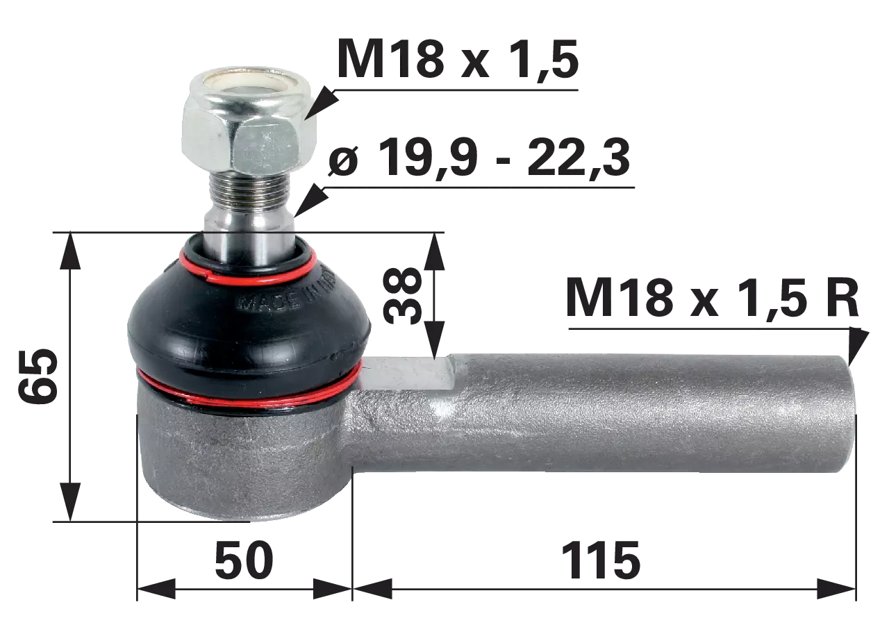 Kugelgelenk M18 x 1,5 Steyr 1-33-743-603, Länge 165 mm, Konus 19,9–22,3 mm