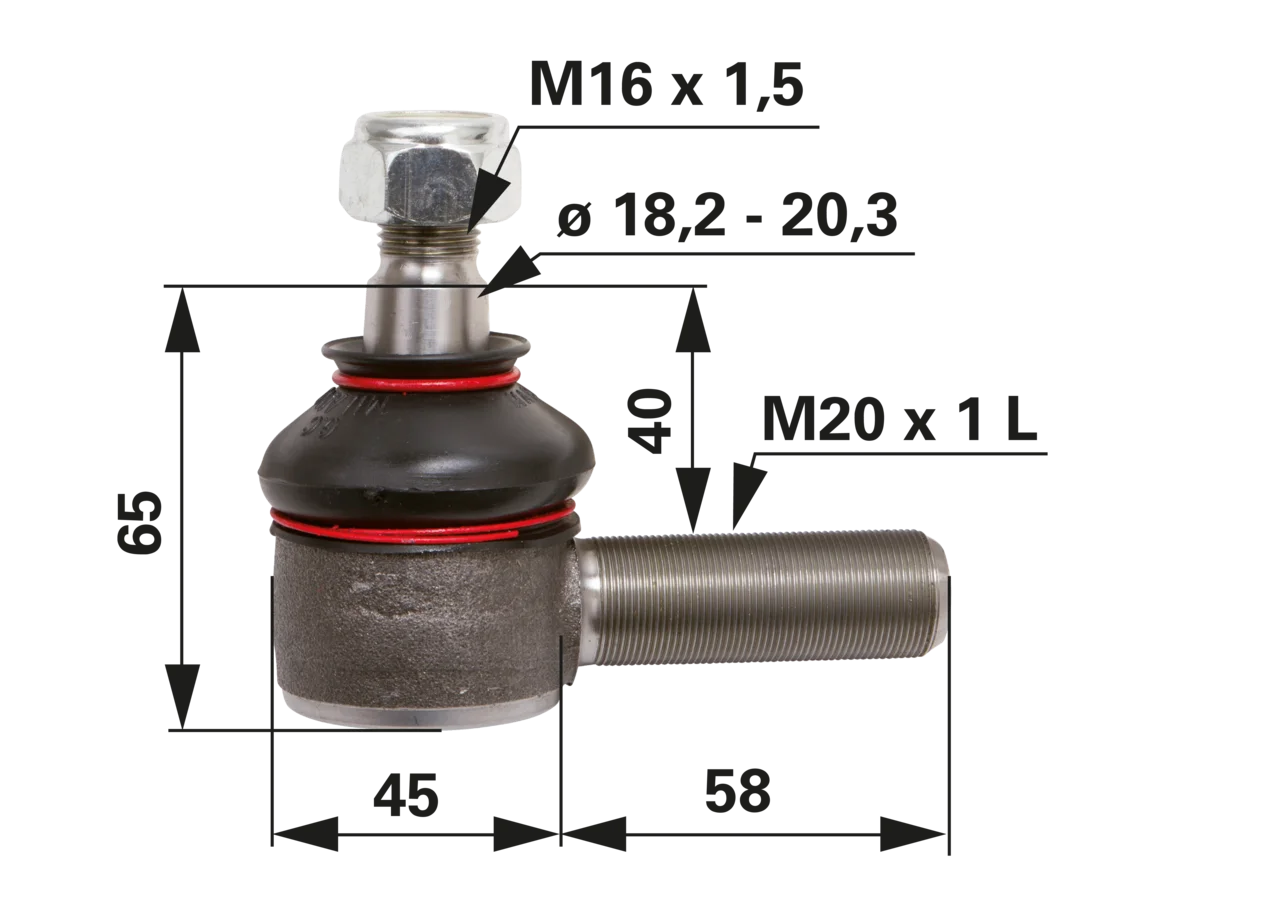 Kugelgelenk M20 x 1 L CNH 87350224, Konus 18,3–20,3 mm, Länge 103 mm