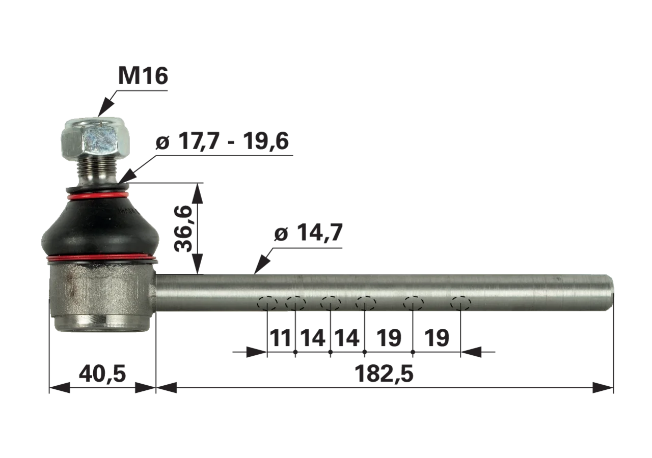 Kugelgelenk rechts Massey Ferguson 1860565 – Ø 14,8 mm, Länge 212 mm