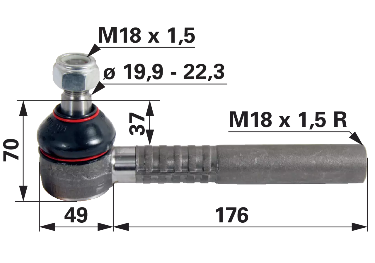 Kugelgelenk M18 x 1,5 IG Massey Ferguson 3426336M1, Länge 225 mm