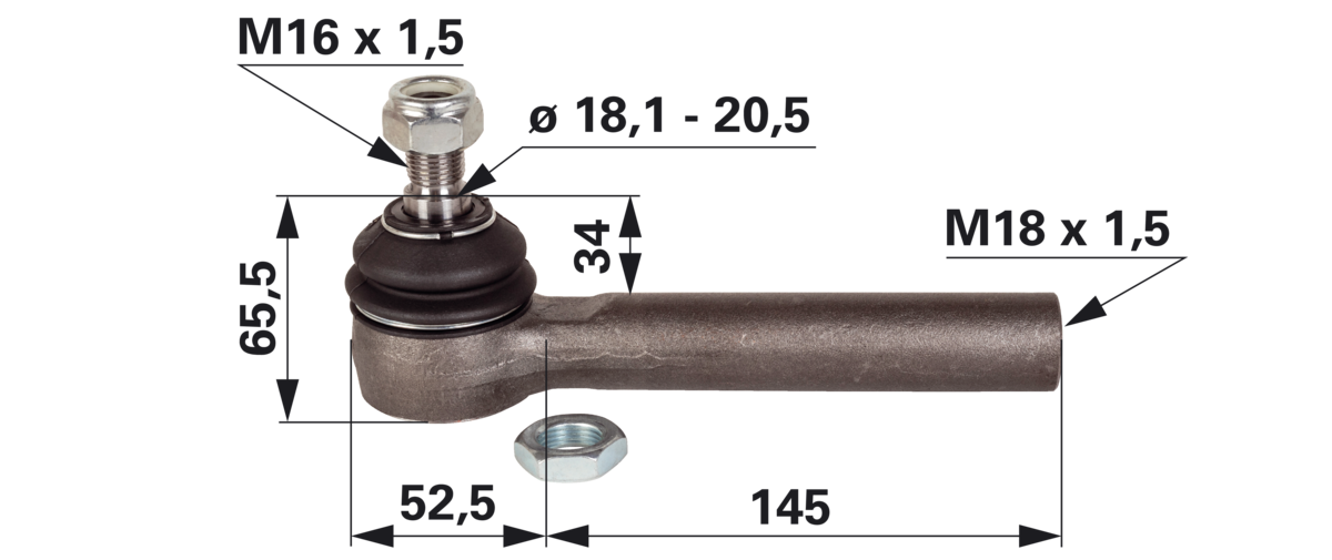 Kugelgelenk M16x1,5 AG Innengewinde M18x1,5 R Länge 197,5 mm Detailansicht