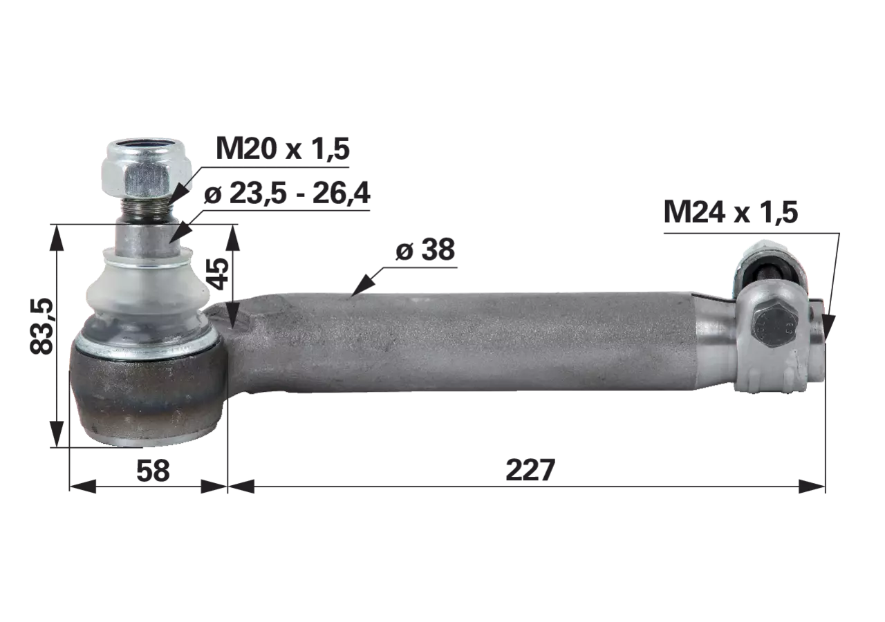 Kugelgelenk M24 x 1,5 L IG Ford 81863221, Außendurchmesser 38 mm, Länge 285 mm