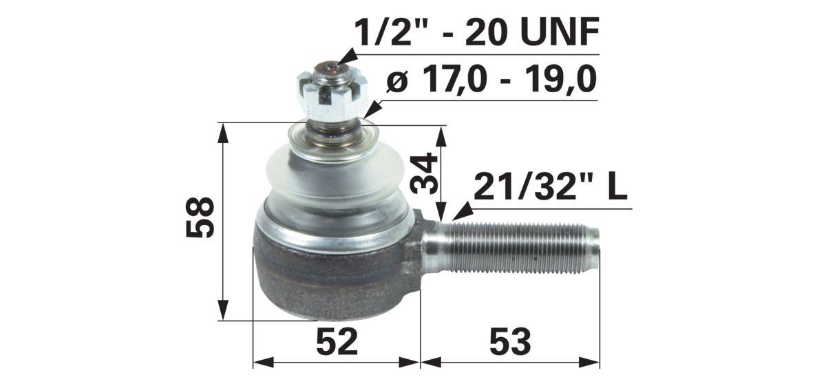 Kugelgelenk 21/32 Zoll L, Außengewinde G2 1/2"-20 UNF, Konus 17–19 mm