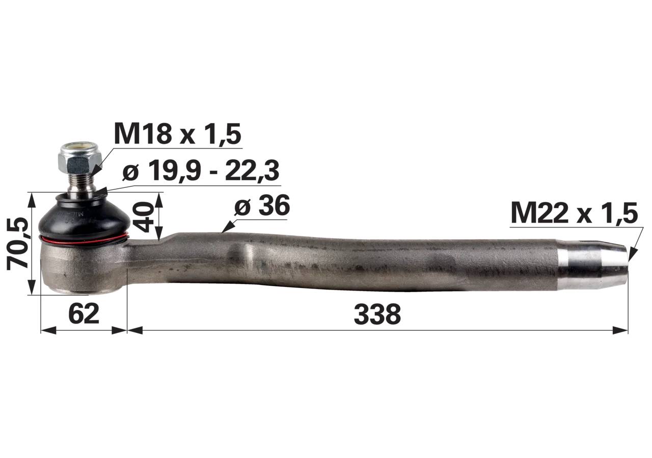 Kugelgelenk M22 x 1,5 IG Fendt F198300100020, Außen-Ø 36 mm, Länge 400 mm