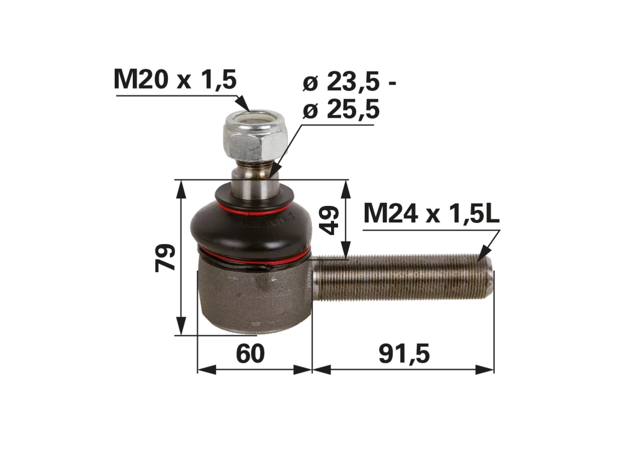 Kugelgelenk M24 x 1,5 L Außengewinde M20 x 1,5 Konus 23,5–26,4 mm, Gesamtlänge 151,5 mm