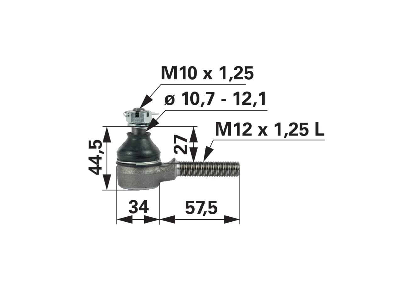 Kugelgelenk M12 x 1,25 L Kubota 67121-56520, Länge 91,5 mm, Konus 10,7–12,1 mm