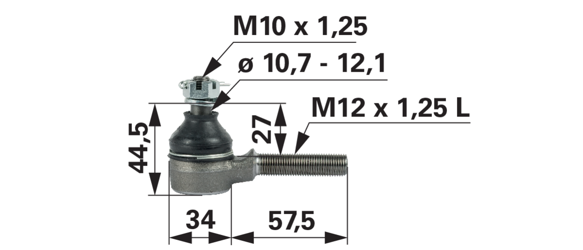Kugelgelenk M12 x 1,25 L Kubota 67121-56520 – Außengewinde und Konus-Detail