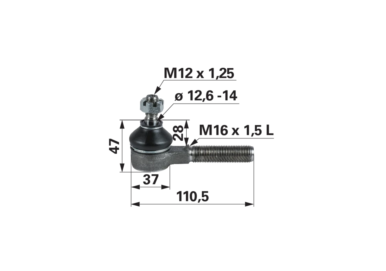 Kugelgelenk M16 x 1,5 L Kubota 38440-44790, Länge 110,5 mm, Konus 12,7–13,9 mm