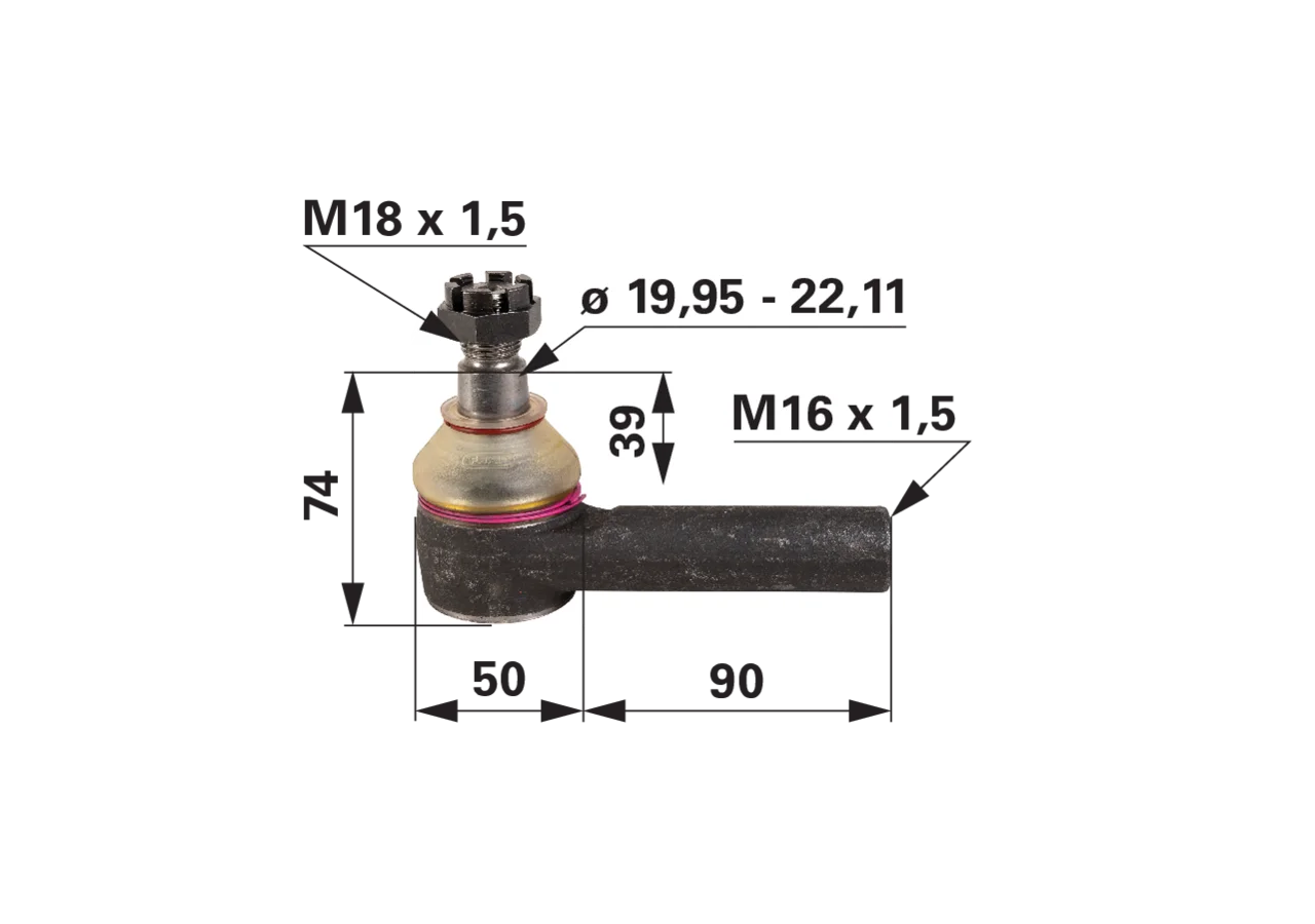Kugelgelenk links M18x1,5 AG M16x1,5 IG, Gesamtlänge 140 mm, Konus 19,95–22,11 mm