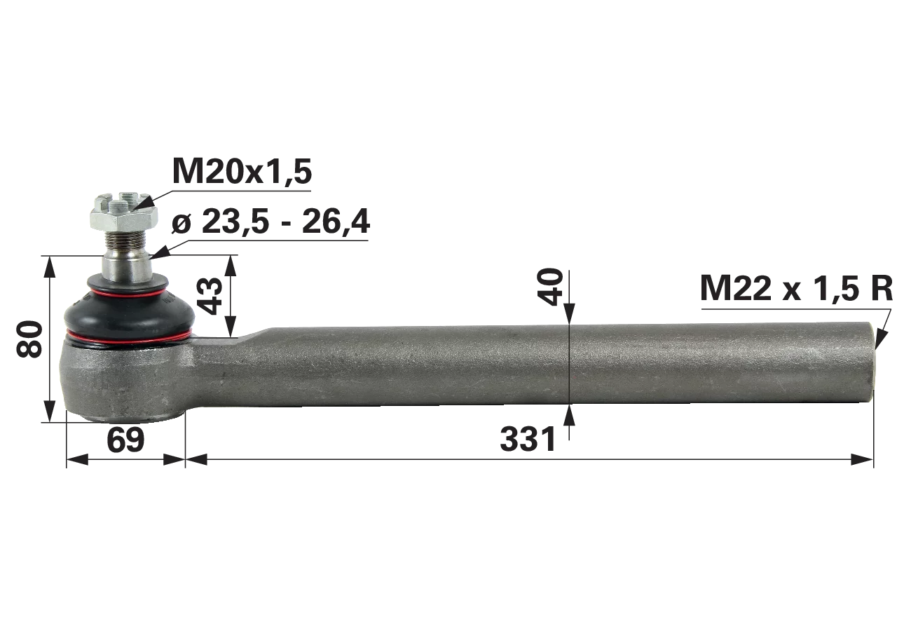 Kugelgelenk M22 x 1,5 IG Deutz-Fahr 04383057, Außengewinde M20 x 1,5, Länge 400 mm