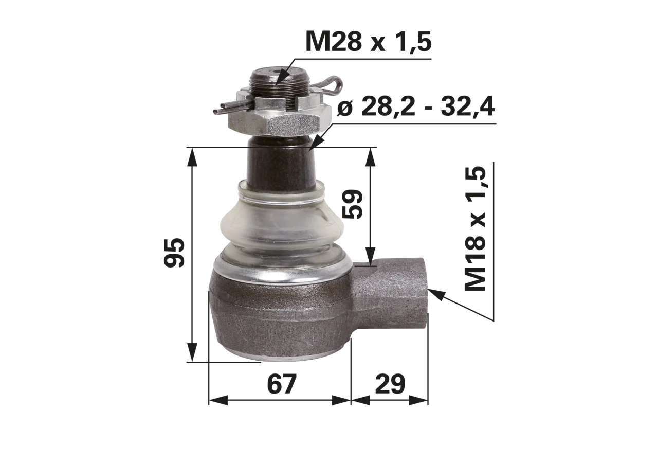 Kugelgelenk M18x1,5 IG Deutz-Fahr 04310401, Außengewinde M28x1,5, Länge 96 mm