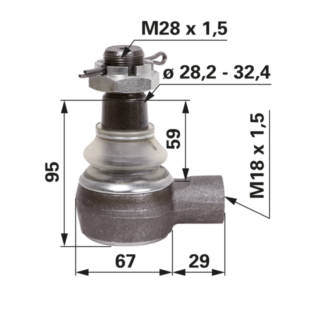 Kugelgelenk Ersatz für Deutz-Fahr 04310401 – Konus 28,2–32,4 mm, Detailansicht