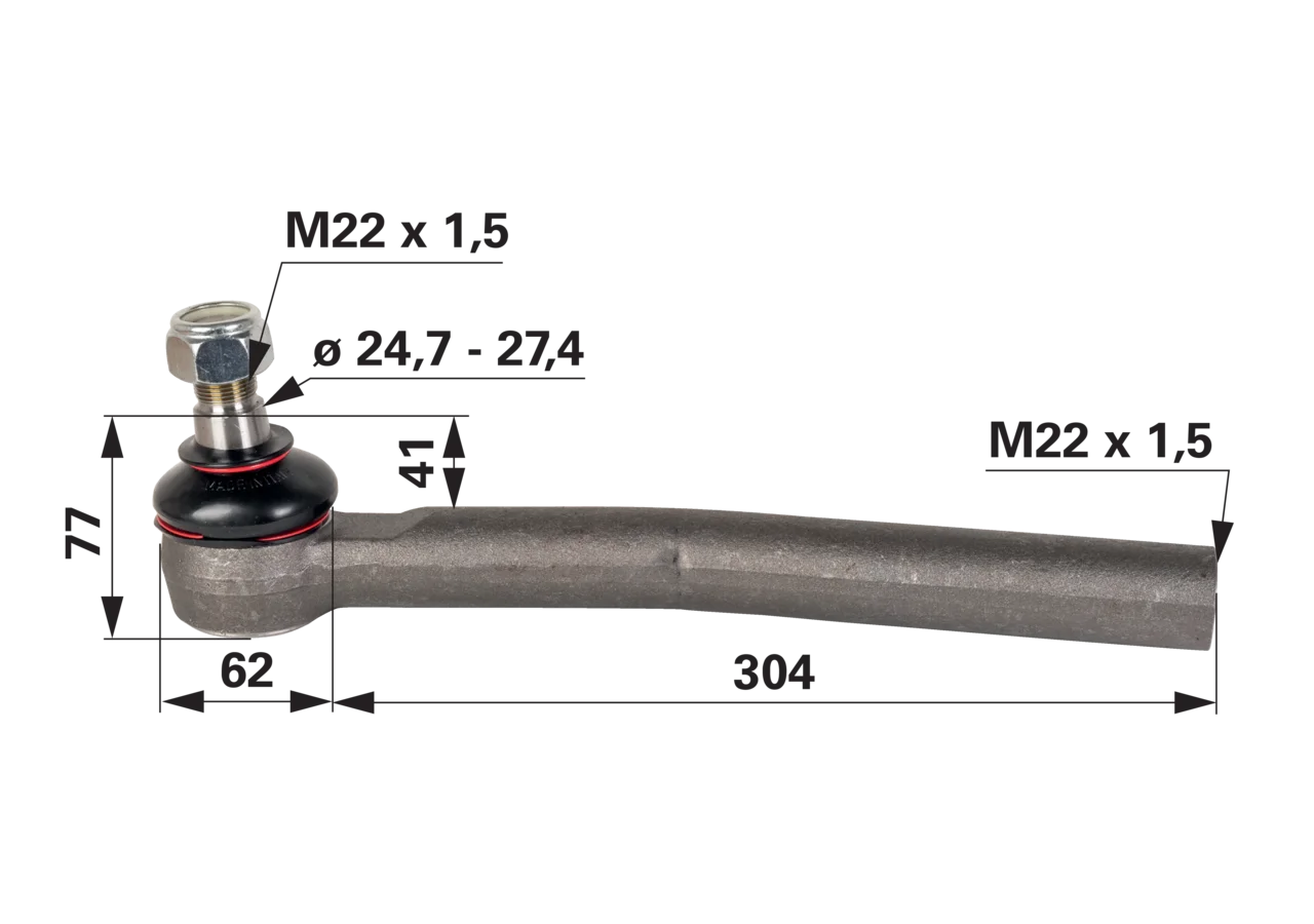 Kugelgelenk links gekröpft M22x1,5 Fendt F308300100040, Gesamtlänge 366 mm