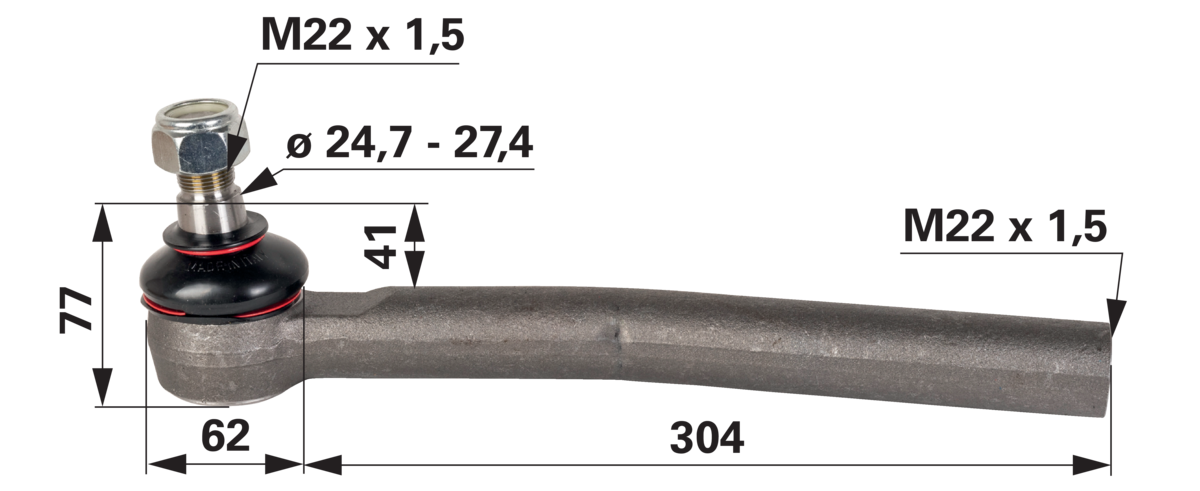 Detailansicht Innengewinde M22x1,5 R und Konus 24,7–27,4 mm des Kugelgelenks