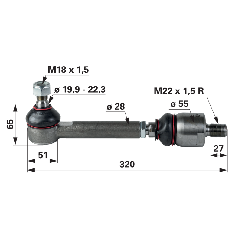 Spurstange CNH 47125373 – Original-Ersatzteil, Länge 320 mm, Außengewinde M18 x 1,5