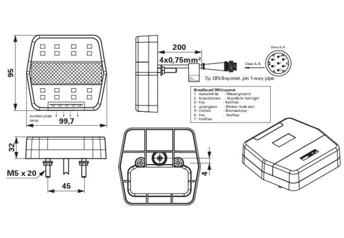 LED Rueckleuchte Blink- Brems- Schlussleuchte, mit KZ Rom IV, 7 polig Sanube