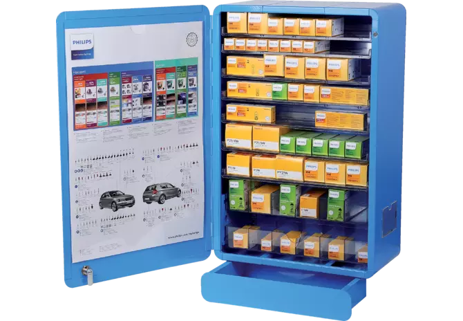 Lampenschrank 12 V, bestückt, mit Lampentester Philips Philips