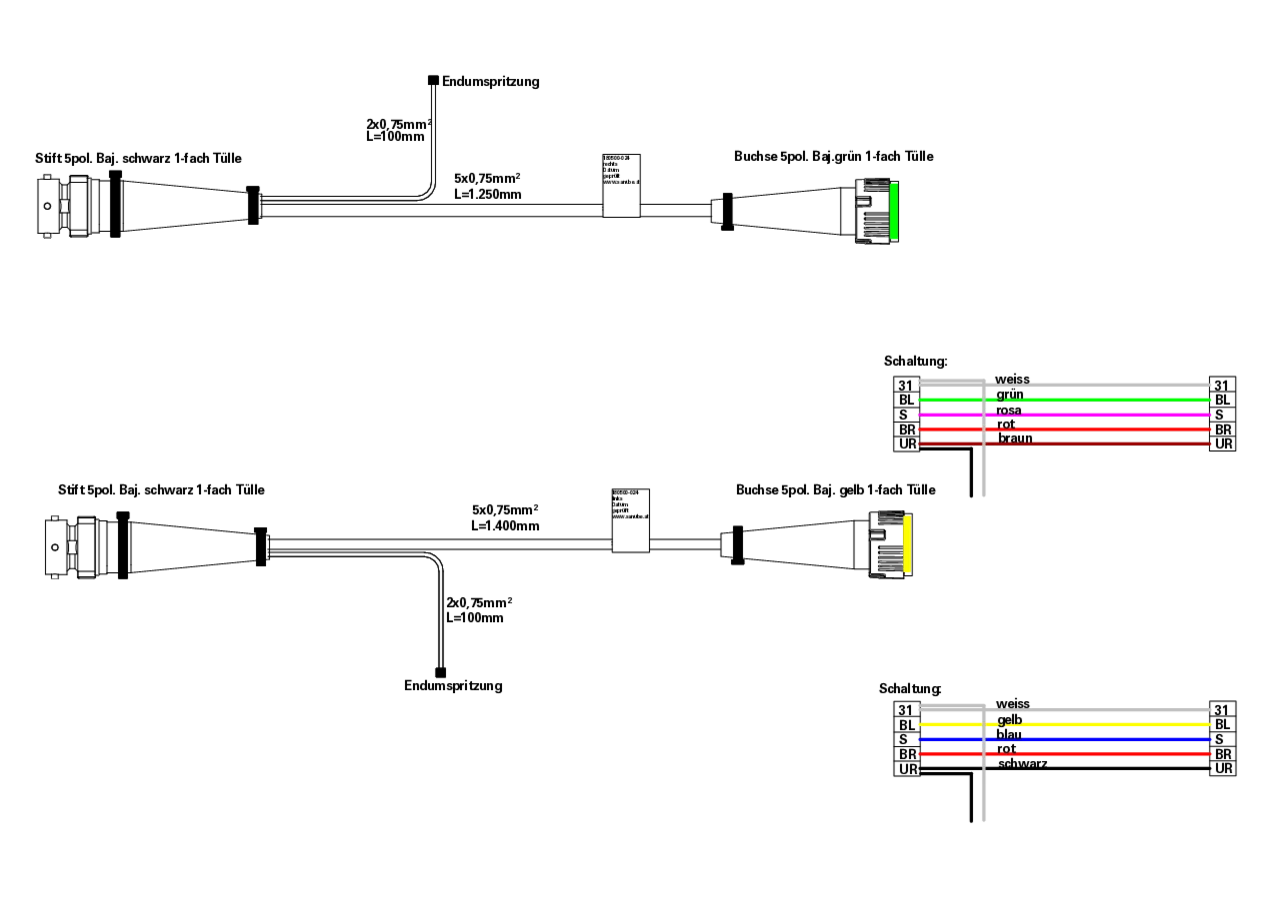 Anschlusskabelset 5 polig mit Bajonett, L= 1,25 m L + R mit Abgang 100 mm Sanube