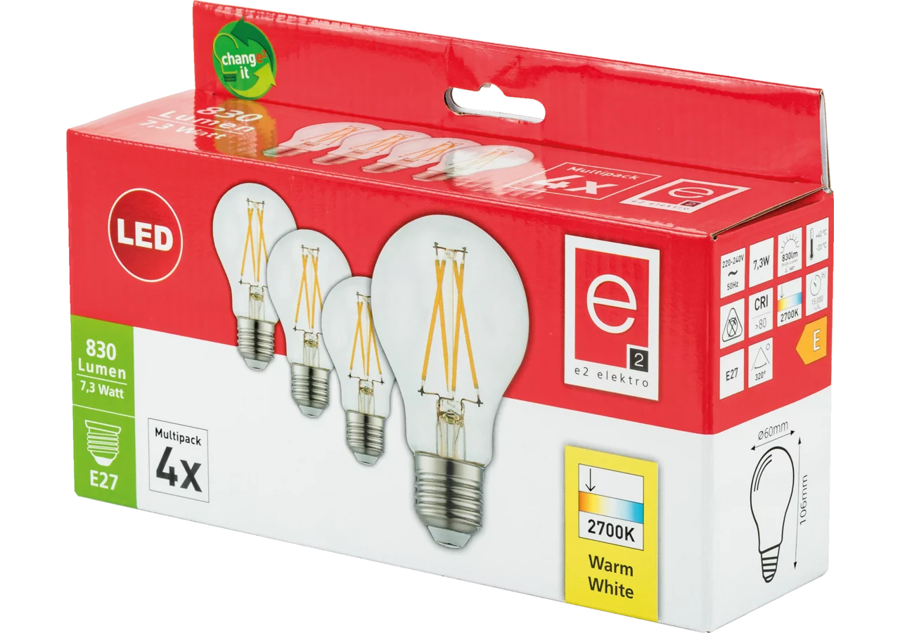 LED Lampe 7,3W, 830lm, 2700k, 4-Stück E27 GartenShop24