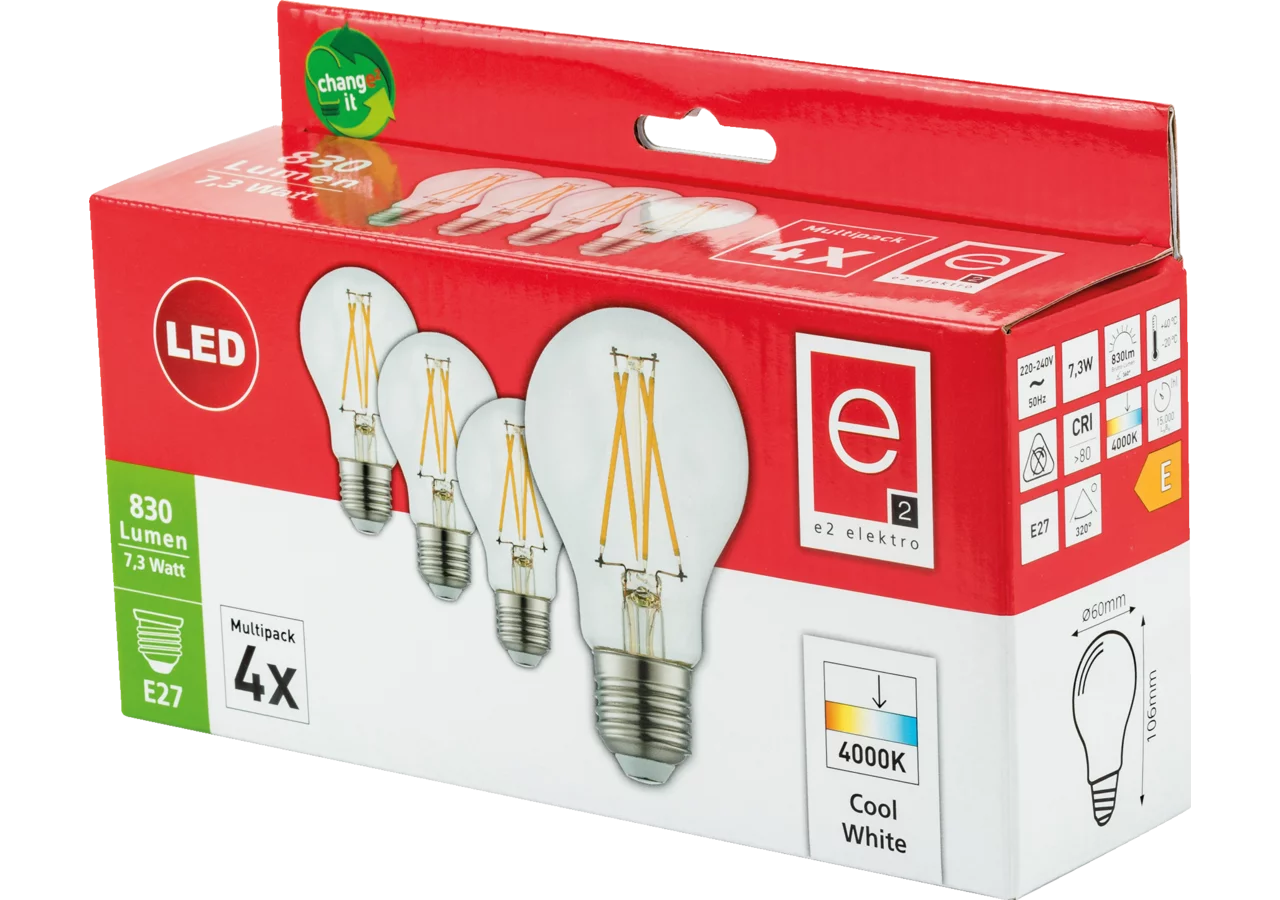 LED Lampe 7,3W, 830lm, 4000k, 4-Stück E27 GartenShop24