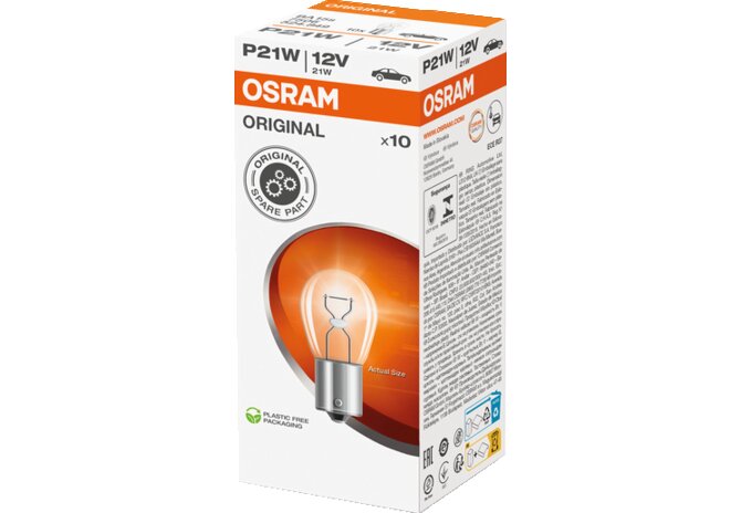 Kugellampe P21W, 12 V, 21 W, BA15s, 10 Stück Osram