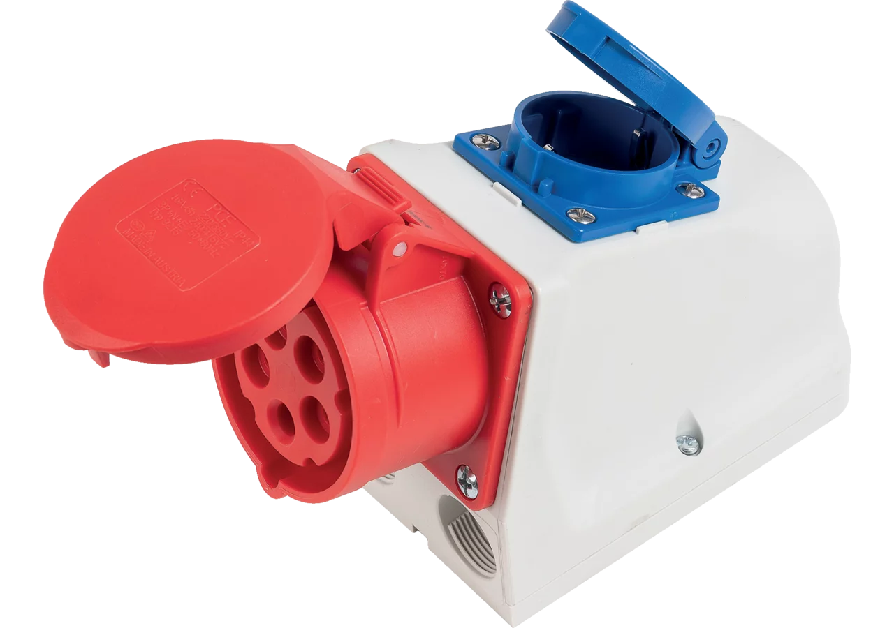CEE Wandsteckdose Combo, rot, 16 A, 5-polig, 400 V und 220 V (AT/DE) PCE