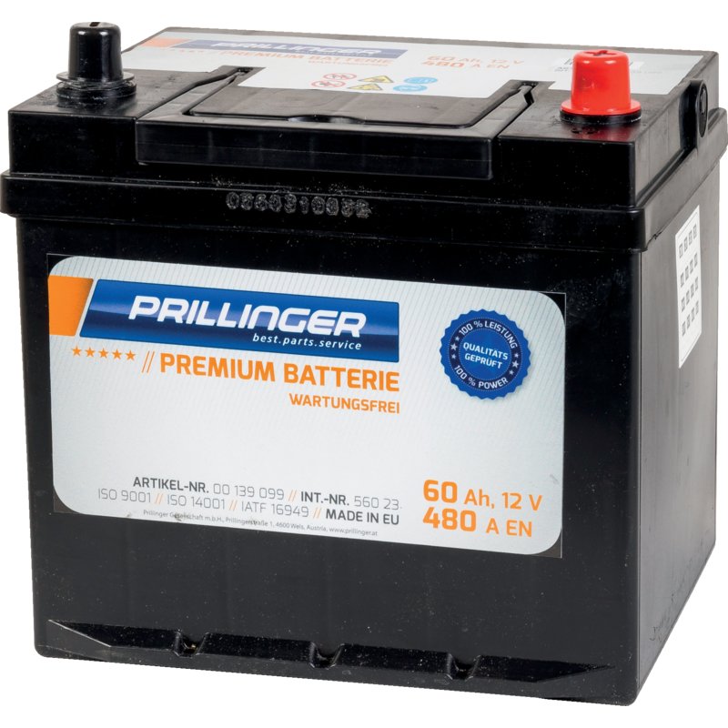 Starterbatterie 12 V 60 Ah 56023 von Prillinger Premium, 480 A Kälteprüfstrom