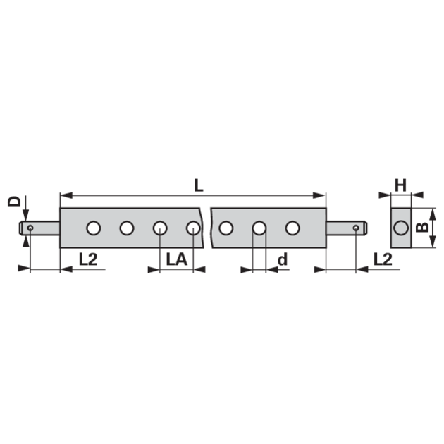 Ackerschiene Kategorie 2, 825 mm Länge – Detailansicht Bohrung und Lochabstand 80 mm