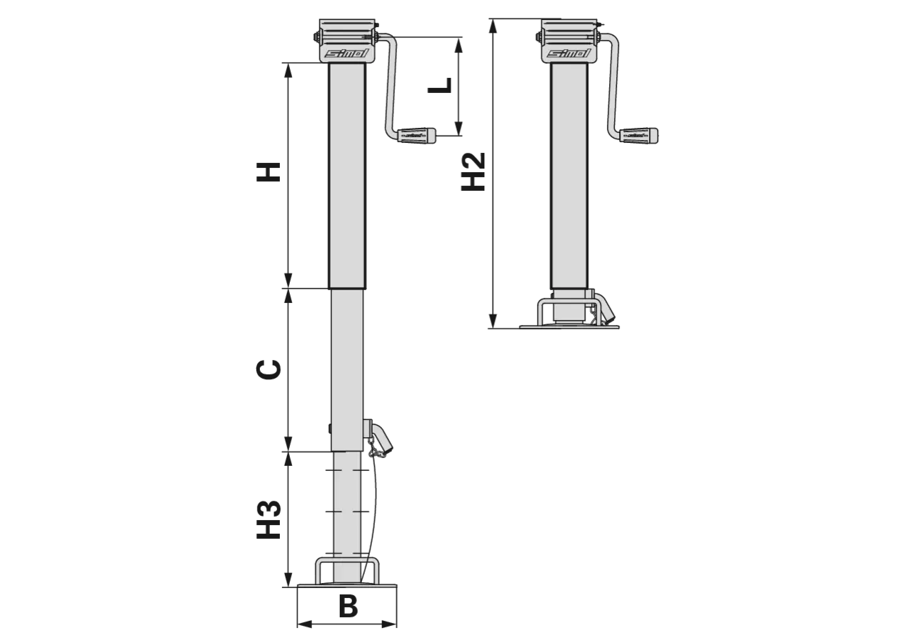 Abstellstütze mit seitlicher Kurbel, 80 x 80 mm Stützlast 4.500 kg Simol