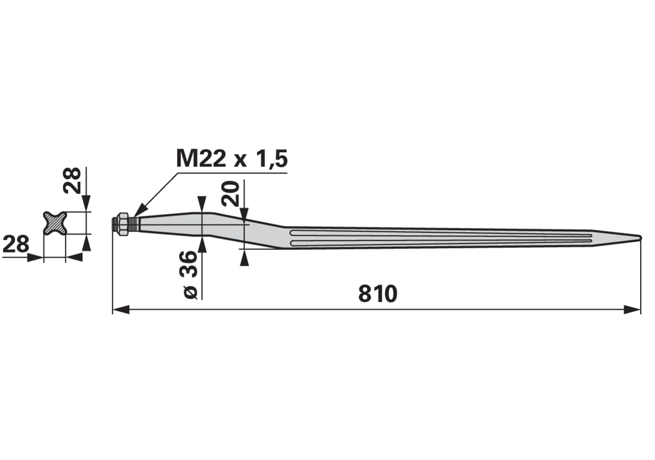 Frontladerzinke M22 x 1,5, 810 mm, abgewinkelt SHW