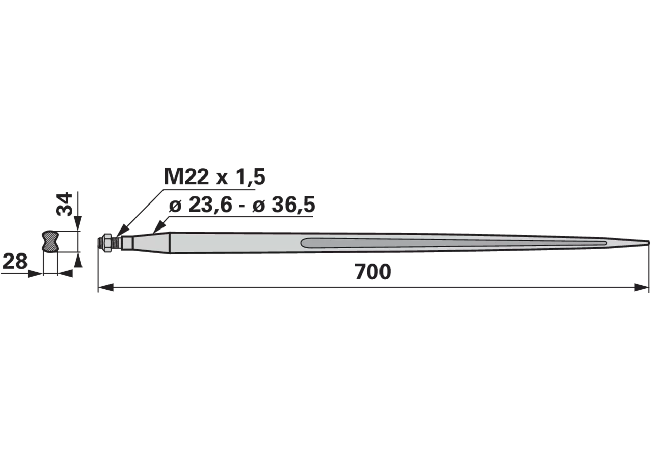 Frontladerzinke M22 x 1,5, 700 mm bpt