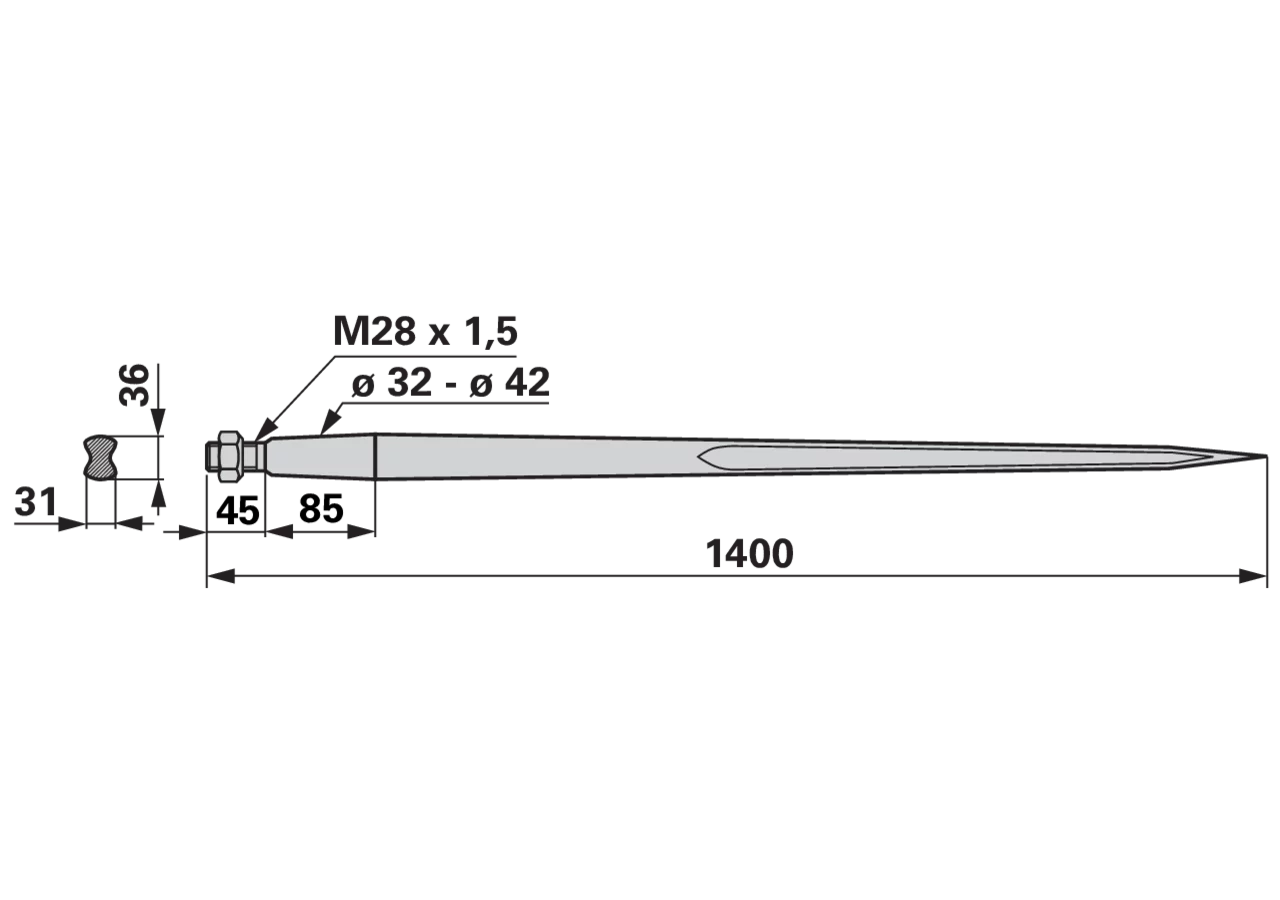 Frontladerzinke M28 x 1,5, 1.400 mm bpt