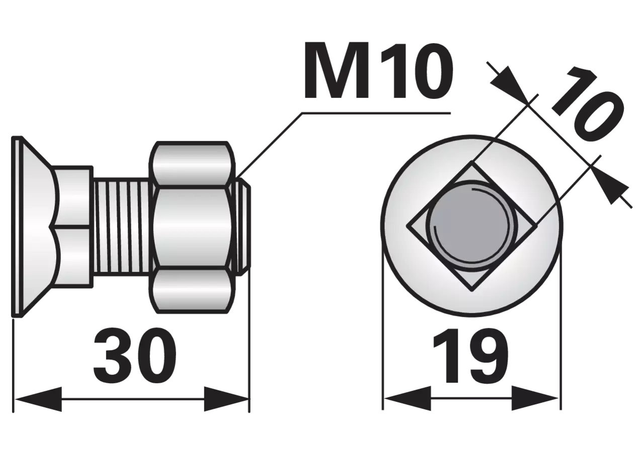 Pflugschraube Vierkant, M10 x 30 mm, Güte 10.9, 10 Stück mit Mutter GartenShop24