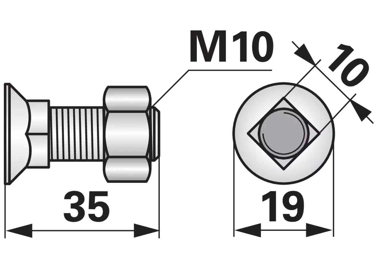 Pflugschraube Vierkant, M10 x 35 mm, Güte 10.9, 10 Stück mit Mutter GartenShop24