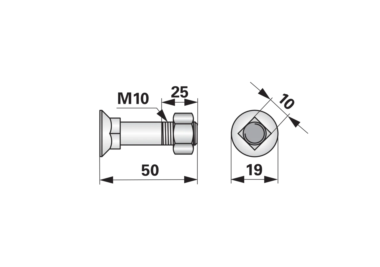 Pflugschraube Vierkant, M10 x 50 mm, Güte 10.9, 10 Stück mit Mutter GartenShop24