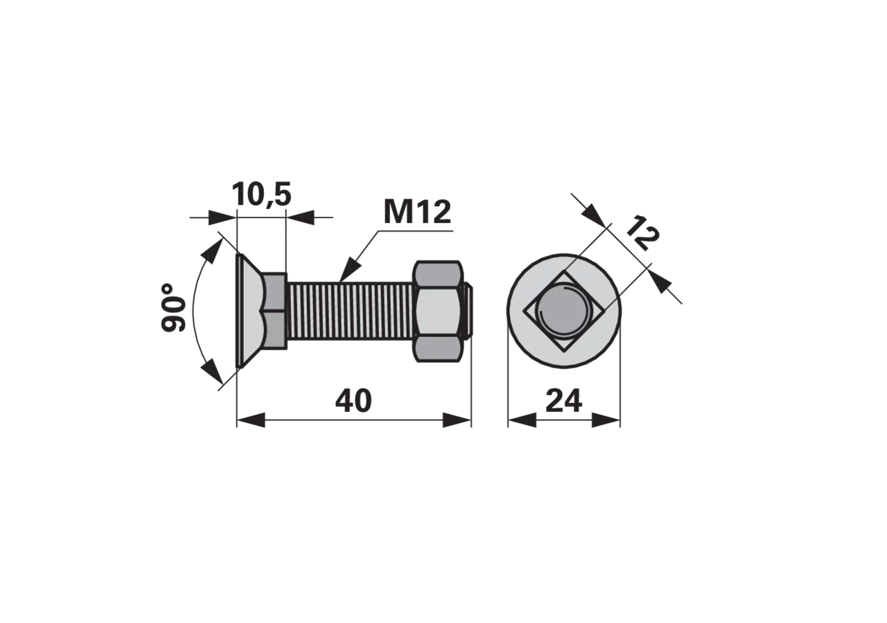 Pflugschraube Vierkant, M12 x 40 mm, Güte 12.9, 10 Stück mit Mutter GartenShop24