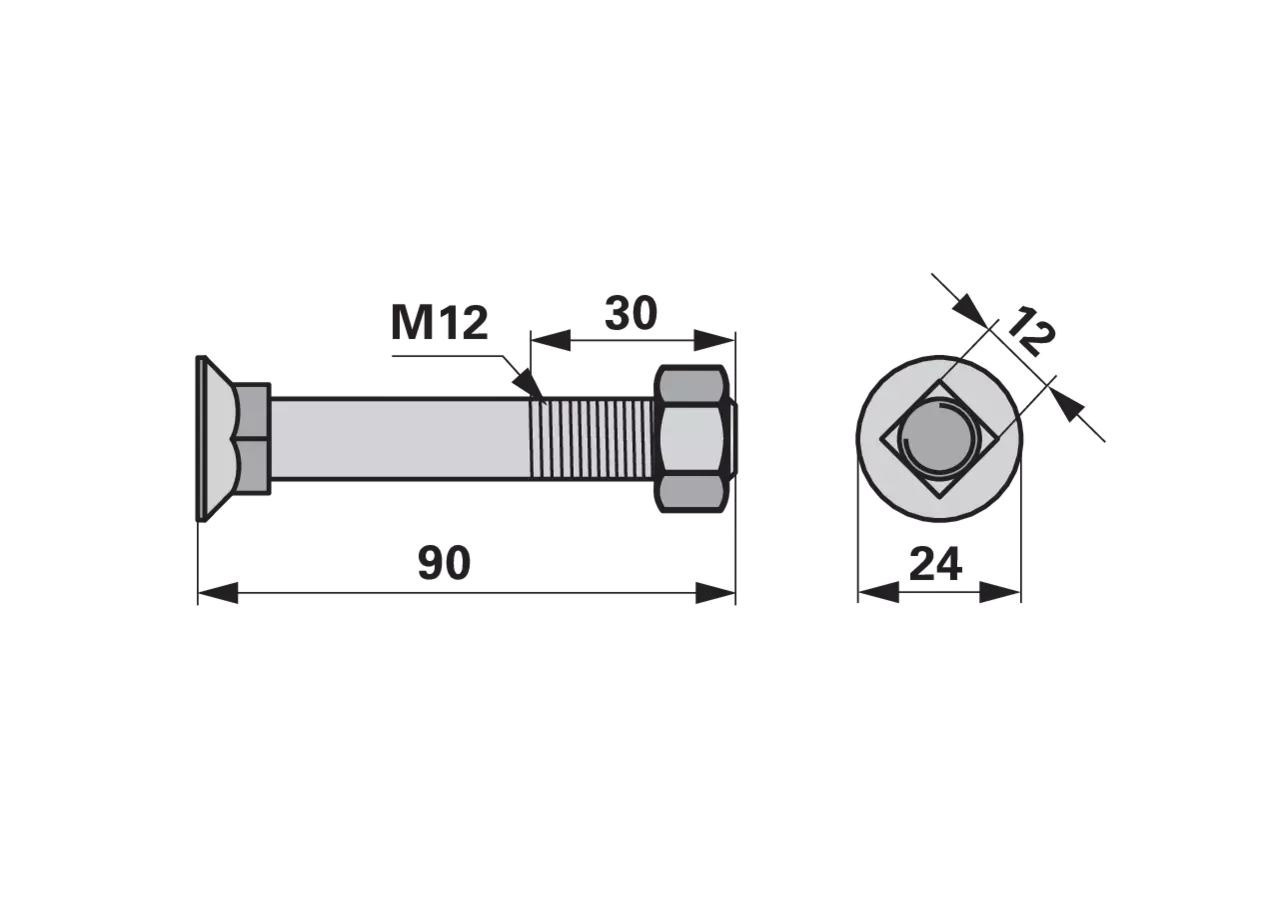 Pflugschraube Vierkant, M12 x 90 mm, Güte 12.9, 10 Stück mit Mutter GartenShop24