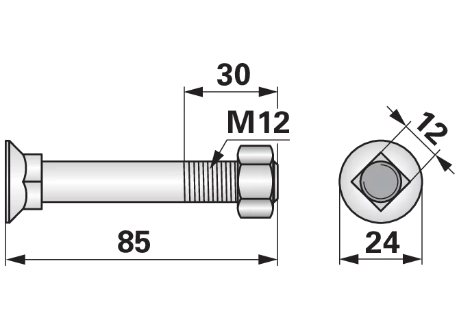 Pflugschraube Vierkant, M12 x 85 mm, Güte 12.9, 10 Stück mit Mutter GartenShop24