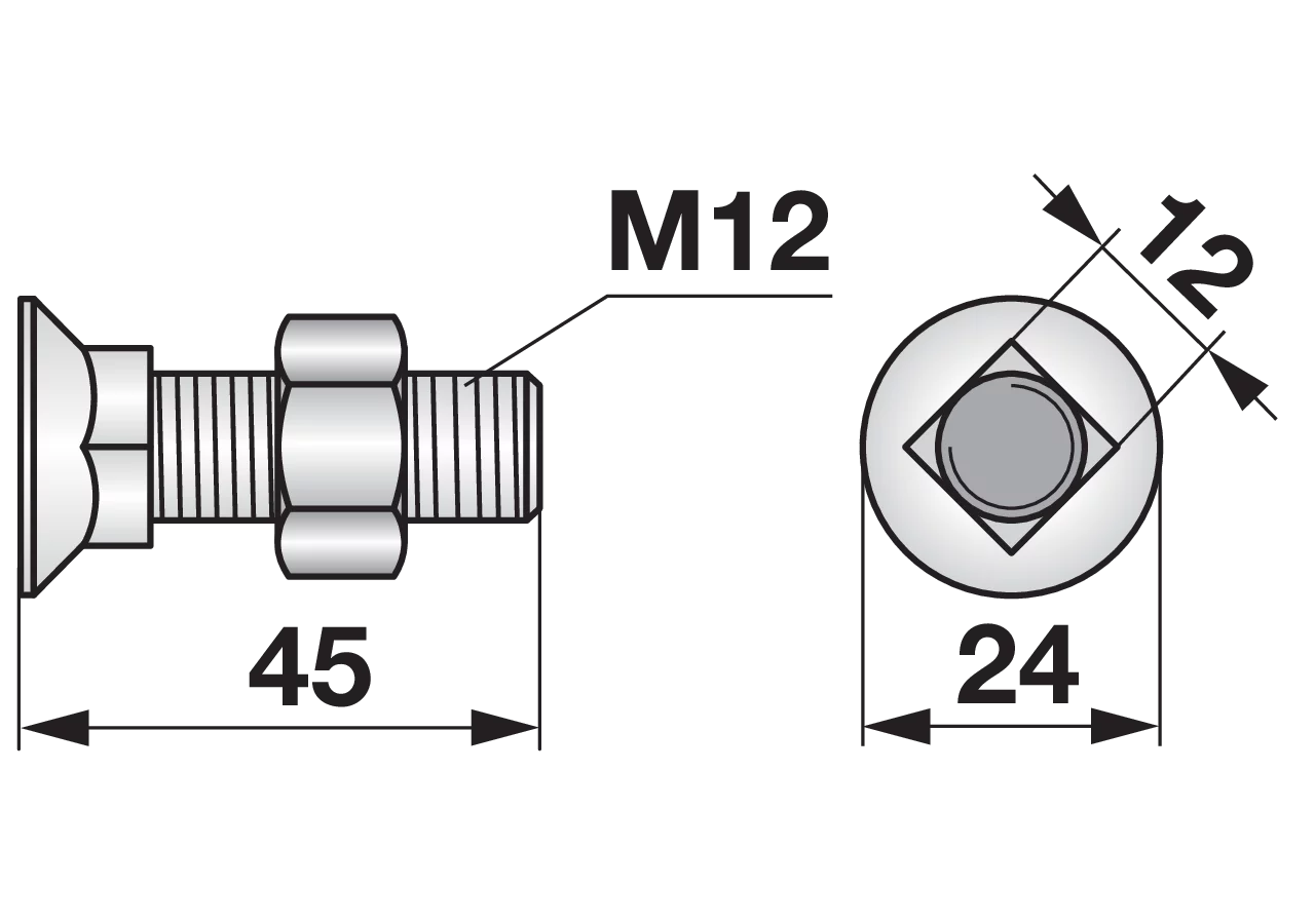 Pflugschraube Vierkant, M12 x 45 mm, Güte 12.9 mit Mutter GartenShop24