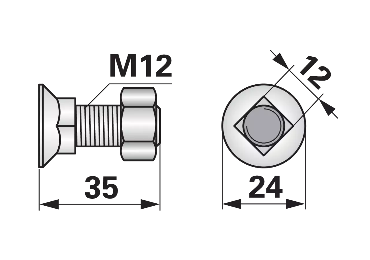 Pflugschrauben Vierkant, M12 x 35 mm, Güte 10.9, 10 Stück mit Mutter GartenShop24