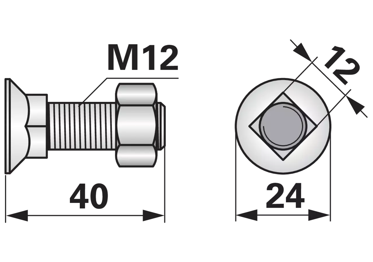 Pflugschraube Vierkant, M12 x 40 mm, Güte 10.9, 10 Stück mit Mutter GartenShop24