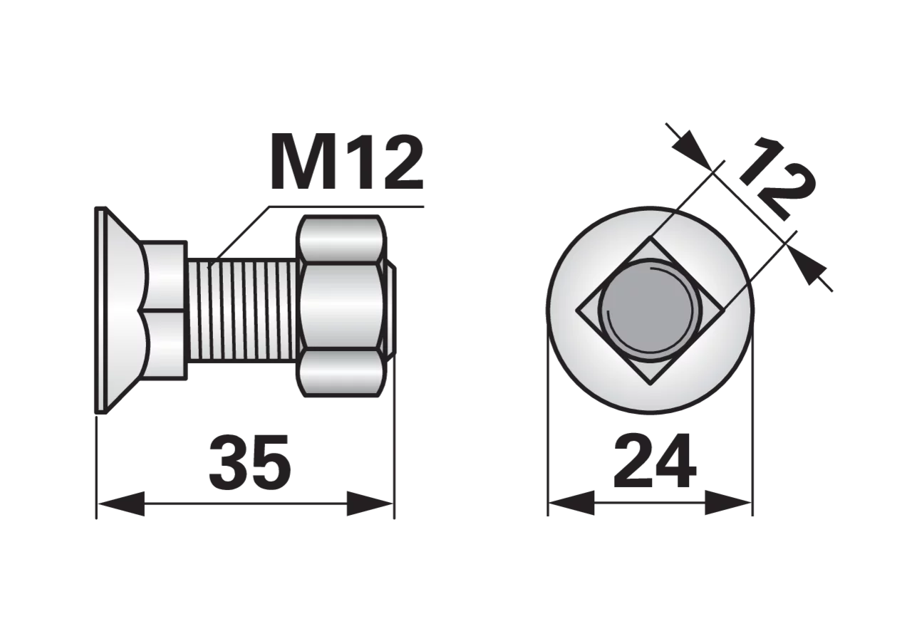 Pflugschraube Vierkant, M12 x 35 mm, Güte 12.9, mit Mutter DIN 934, 10 Stück GartenShop24