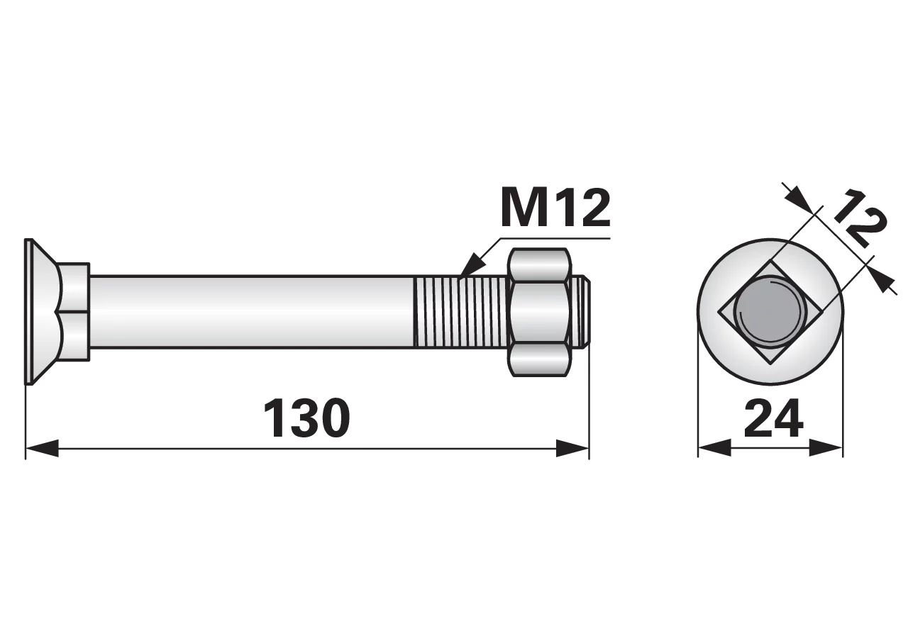 Pflugschraube Vierkant, M12 x 130 mm, Güte 10.9 mit Mutter GartenShop24