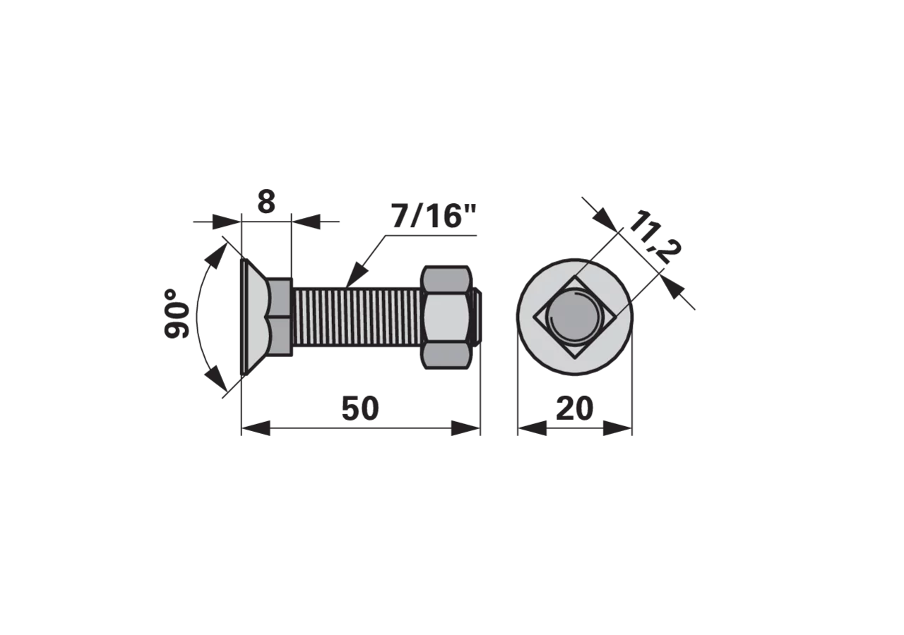 Pflugschraube Vierkant, 7/16 Zoll x 50 mm, Güte 8.8 mit Mutter GartenShop24