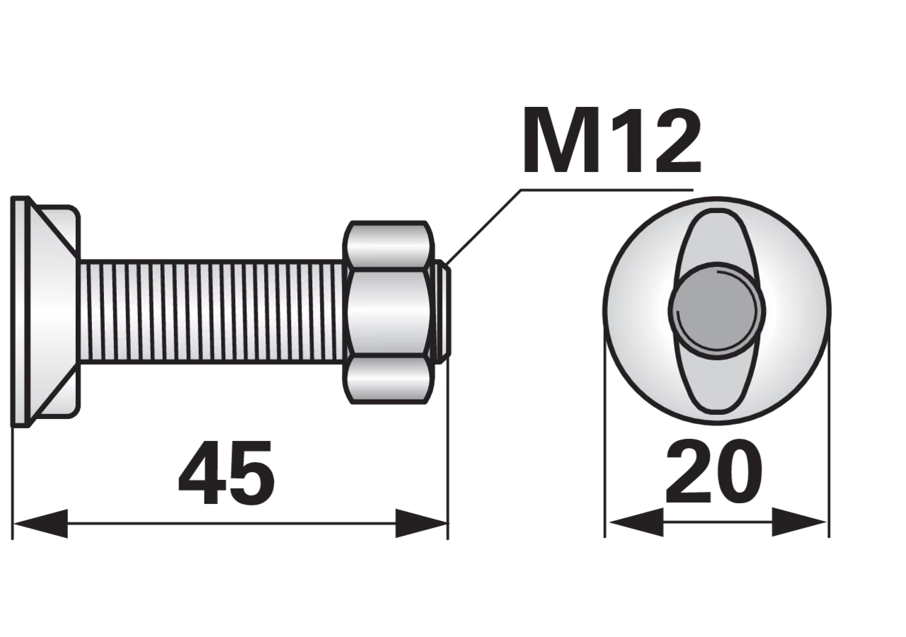 Pflugschraube 2-Nasen Huard, M12 x 45 mm, Güte 8.8, 10 Stück mit Mutter GartenShop24