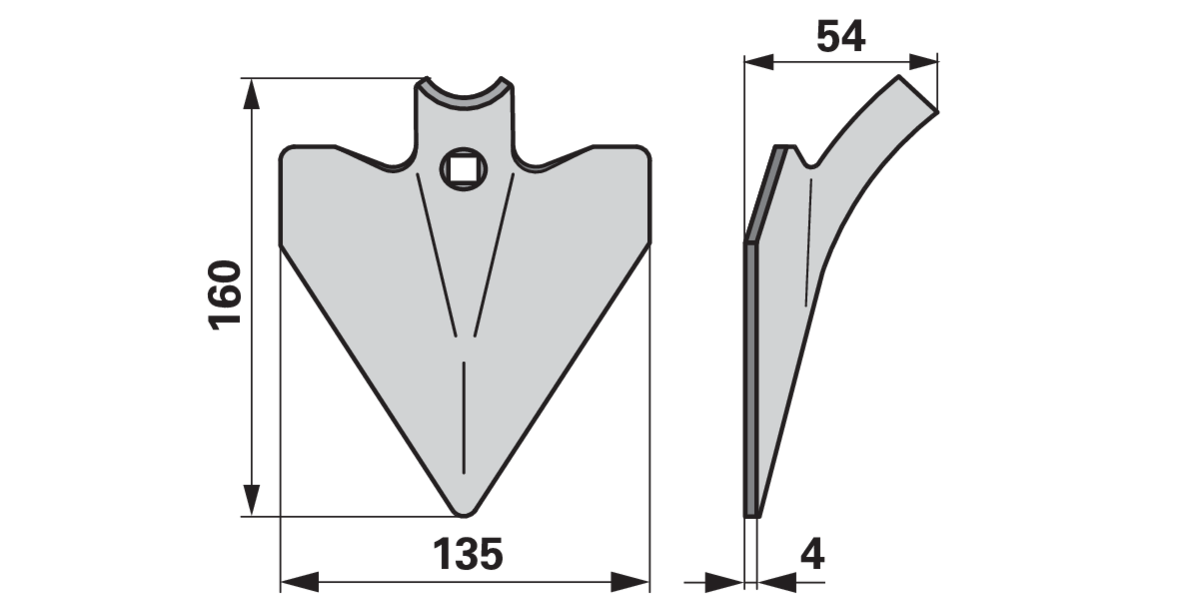 Gänsefußschar 135 mm Arbeitsbreite 4 mm – Detailansicht Lochdurchmesser 10,5 mm